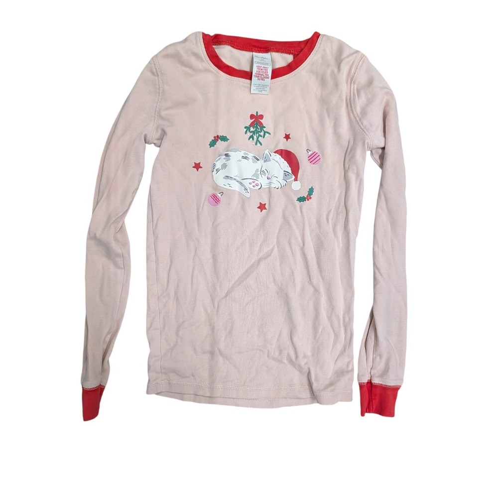 Mini Boden Girls Pink Christmas Kitten Pajama Top Long Sleeve Red Trim- Size 11Y